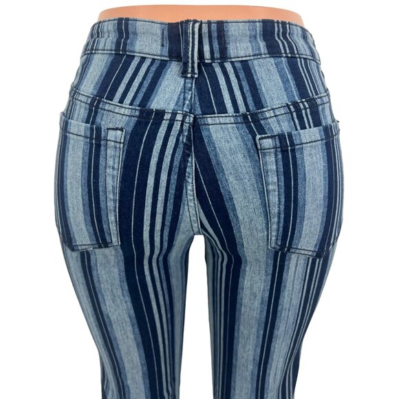 RARE NWT Free People Blue Stripe Super Flare Bell Bottom Jeans Boho Hippie Retro - Picture 12 of 16